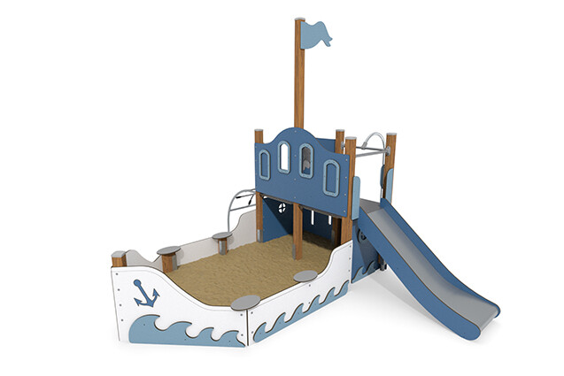 3D rendering af Lekeskip - ECO skip med sandkasse blå