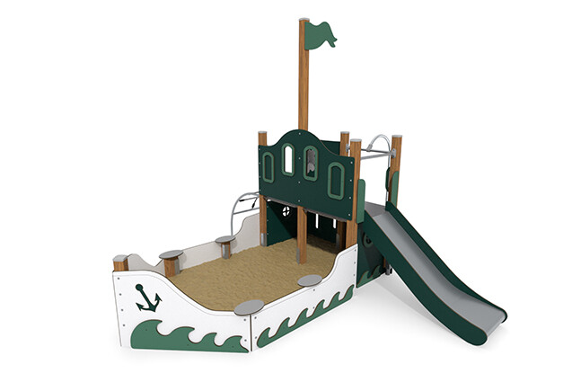 3D rendering af Lekeskip - ECO skip med sandkasse grønn