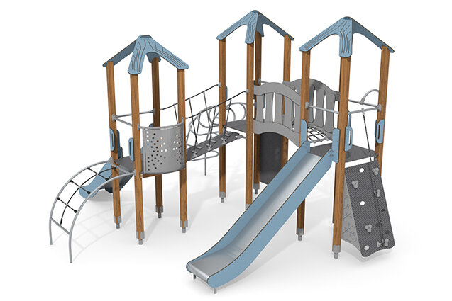 3D rendering af Leketårn - ECO tredobbelt tårn sklie blå