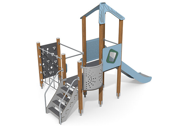 3D rendering af Leketårn - ECO dobbelt tårn klatrevegg blå
