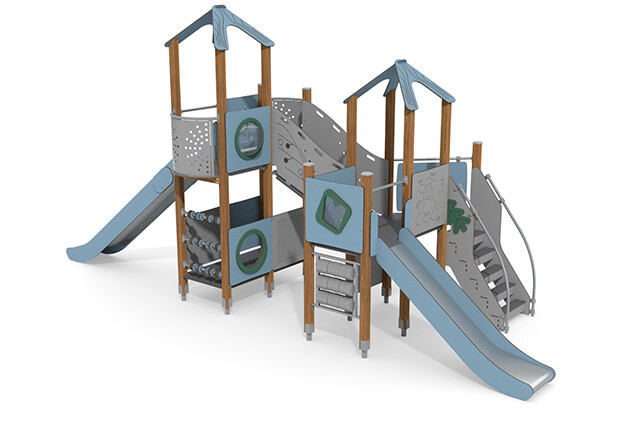 3D rendering af Leketårn - ECO to tårn aktivitetstavler blå