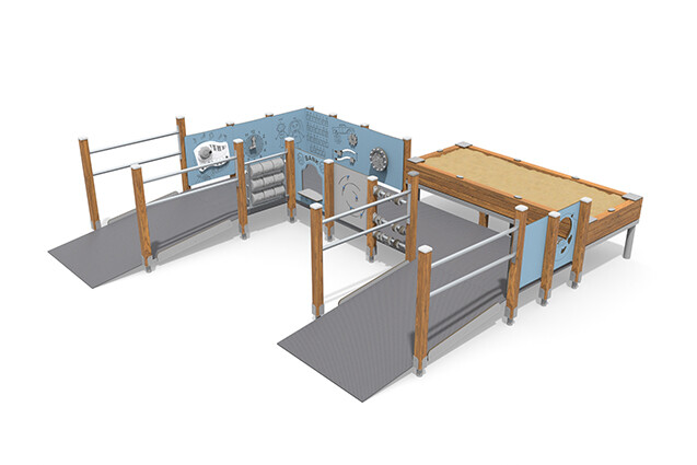 3D rendering af Leketårn - ECO lekeområde med rullestolrampe blå