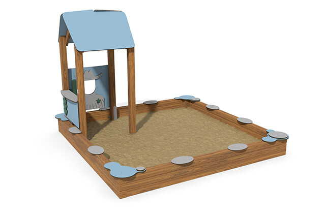3D rendering af Sandkasse - ECO sandkasse og lekehus blå
