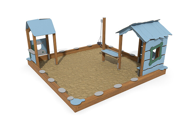 3D rendering af Sandkasse - ECO sandkassemiljø to lekehus blå