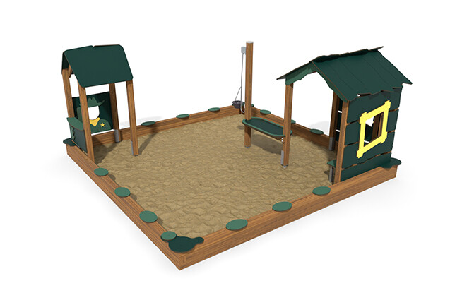 3D rendering af Sandkasse - ECO sandkassemiljø to lekehus grønn
