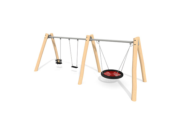 3D rendering af Huske - 1 sete, 1 barnesete og fuglerede Ø120 cm robinia
