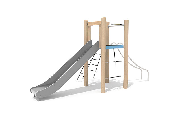 3D rendering af Leketårn - Robinia Scandic enkelt tårn med sklie og klatreelementer