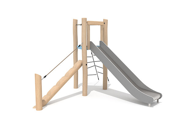 3D rendering af Leketårn - Robinia Scandic trekantet tårn med sklie og skrå balansebom