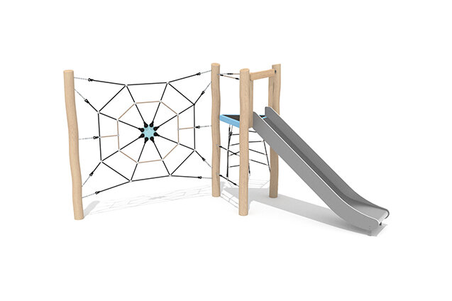 3D rendering af Leketårn - Robinia Scandic tårn med sklie og edderkoppnett