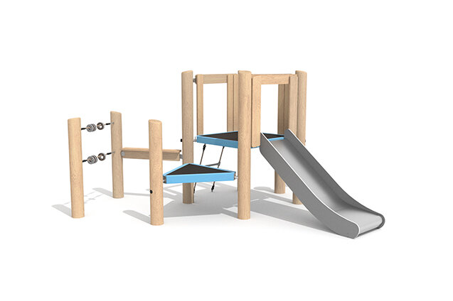 3D rendering af Leketårn - Robinia Scandic dobbelt tårn med sklie og bord