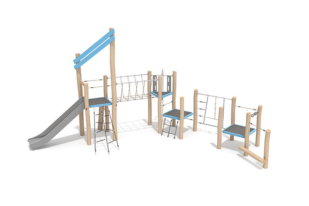 3D rendering af Leketårn - Robinia Scandic trippelt tårn med klatrenett og taubro