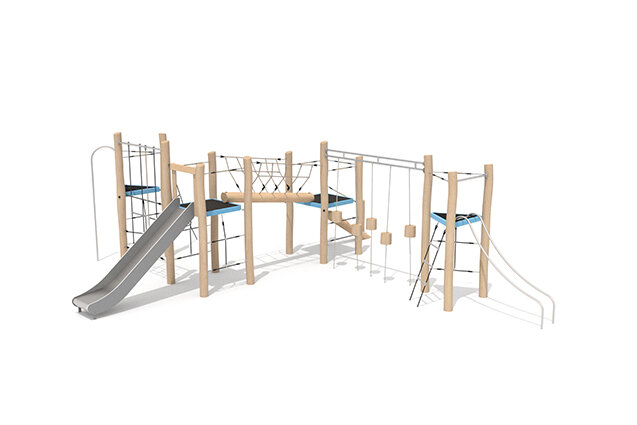 3D rendering af Leketårn - Robinia Scandic firedobbelt tårn med klatrebane