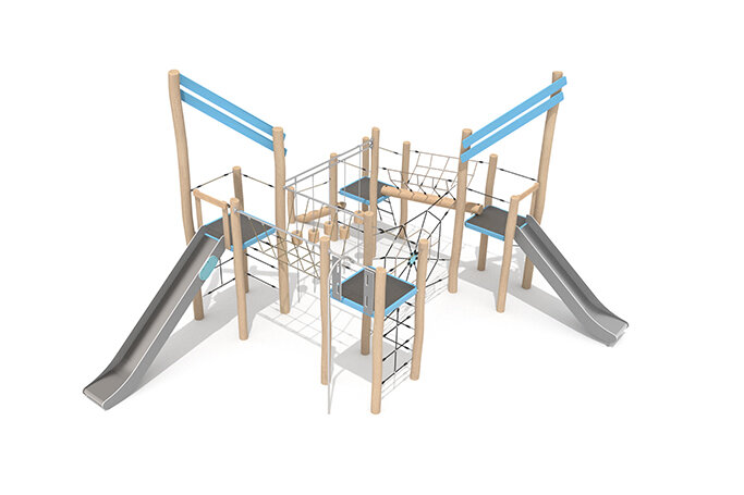 3D rendering af Leketårn - Robinia Scandic fire tårn med sklier og klatrenett