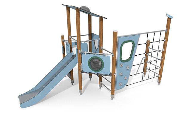 3D rendering af Leketårn - ECO enkelt tårn klatrebane blå