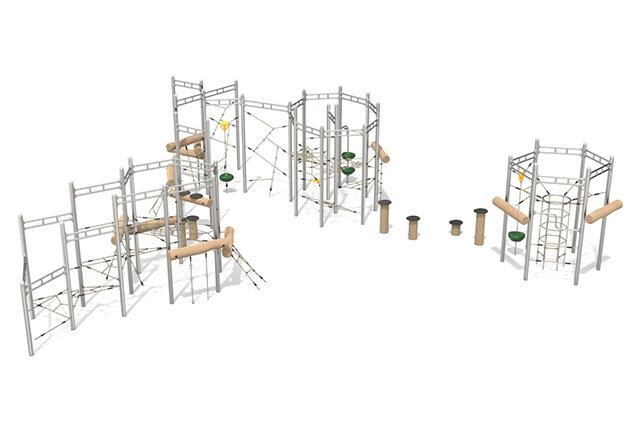 3D rendering af Klatreanlegg - klatreløype 1 i rustfritt stål robinia