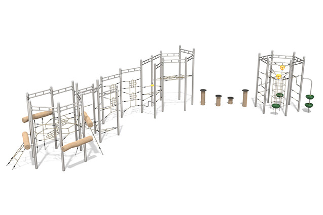 3D rendering af Klatreanlegg - klatreløype 2 i rustfritt stål robinia