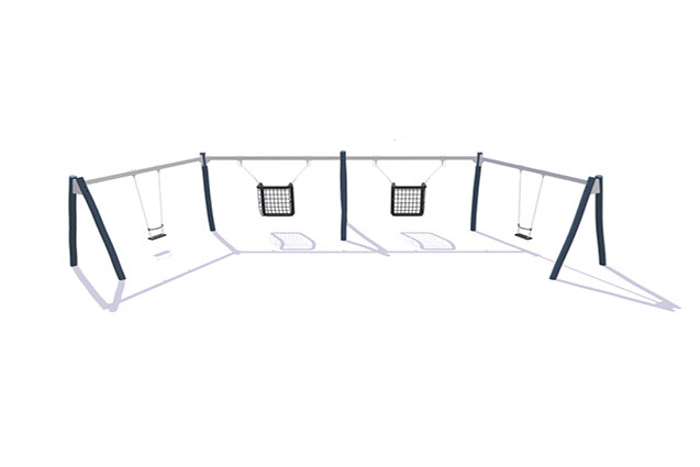 3D rendering af Huske - stativ halvsirklet robinia og stål 2 klassiske seter og 2 handikaphusker h 2,4m