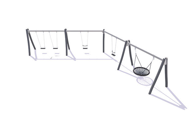 3D rendering af Huske - stativ vinklet robinia og stål 1 fuglerede, 2 klassiske og 2 klassiske med bøyle h 2,1m