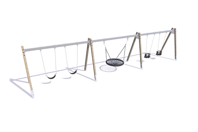 3D rendering af Huske - stativ fuglerede, to sadel og to baby A-ben lerk og stål h 2,1m