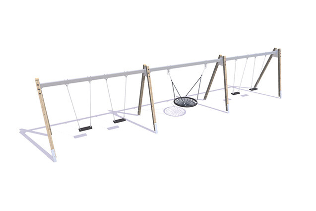 3D rendering af Huske - stativ fire klassiske og fuglerede A-ben lerk og stål h 2,1m