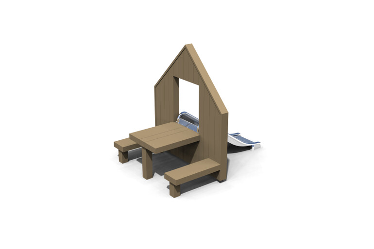 3D rendering af Lekehus - facade m sklie, bord og benk Olivia