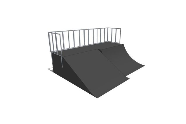 3D rendering af Skaterampe - Quarter pipe + Bank ramp